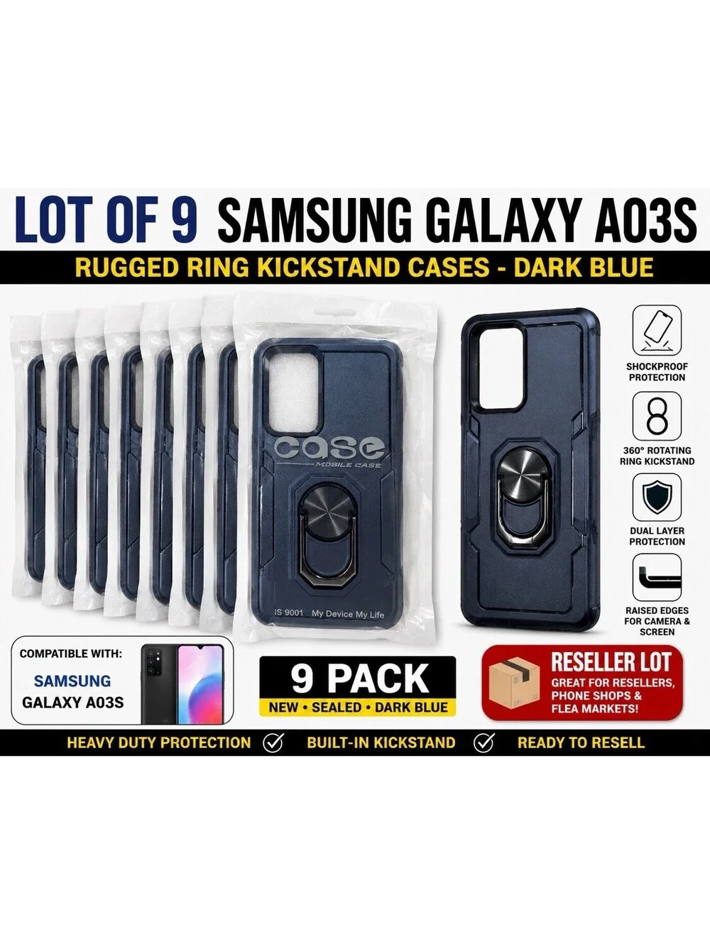 Bulk Lot of 9 New Samsung Galaxy A03S Rugged Phone Cases – Dark Blue